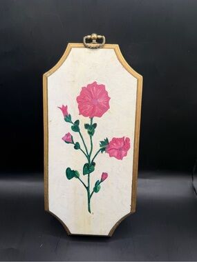Hand Painted Floral Wood Wall Plaque Pink Flowers Vintage Decor